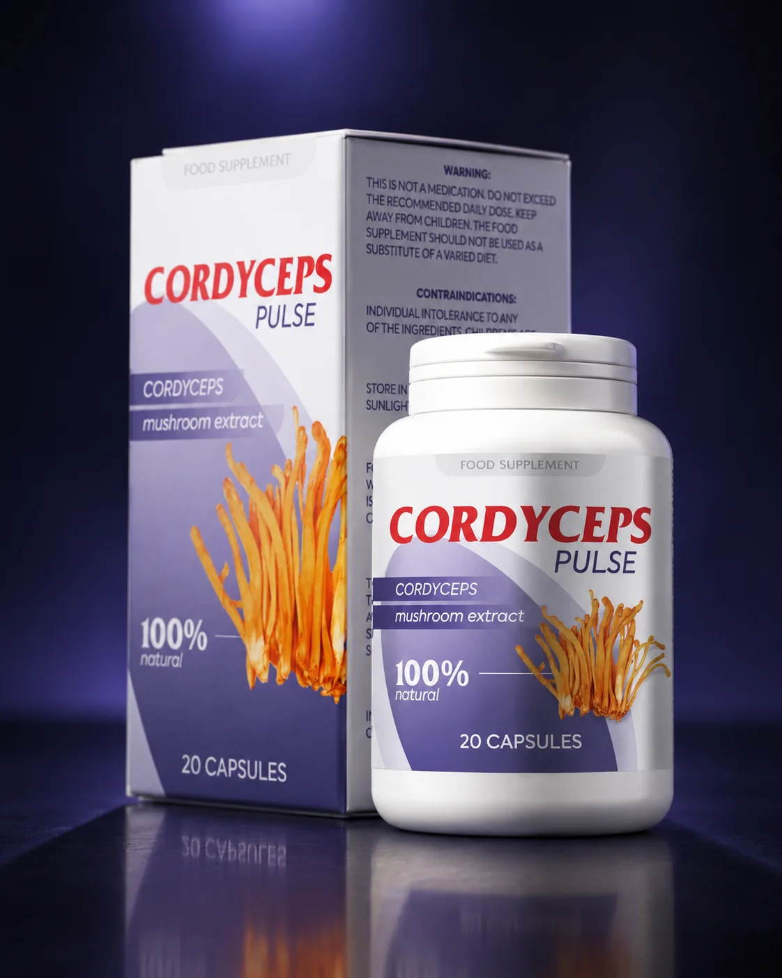 Cordyceps Pulse photographié sur un fond sombre et élégant — composition quotidienne