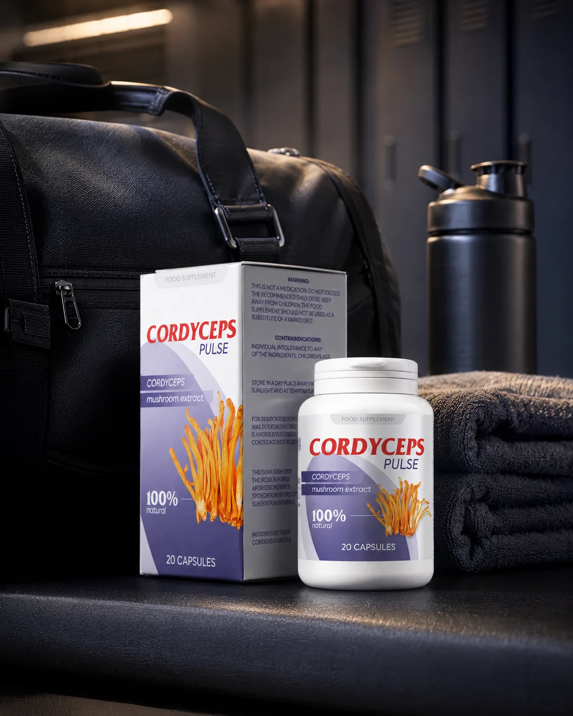 Boîte et flacon de Cordyceps Pulse dans un environnement sportif — composition quotidienne
